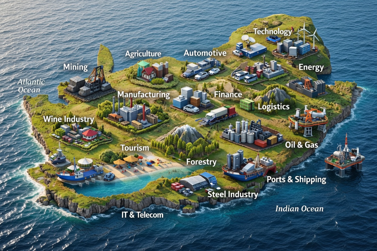 Key industries served by AfriConsultancy — Mining, Finance, Energy, Tourism, Oil & Gas, Logistics and more across South Africa